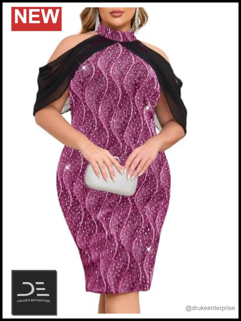 Plus Size Sparkly Bodycon Halter Dress with Cape Sleeves